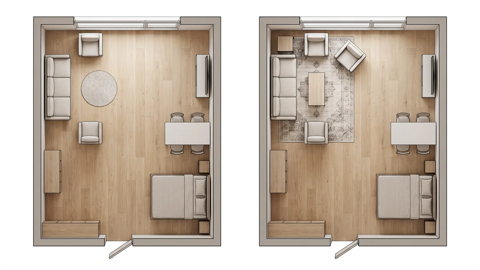 Un petit appartement avec des meubles contre les murs par rapport à des meubles regroupés en zones