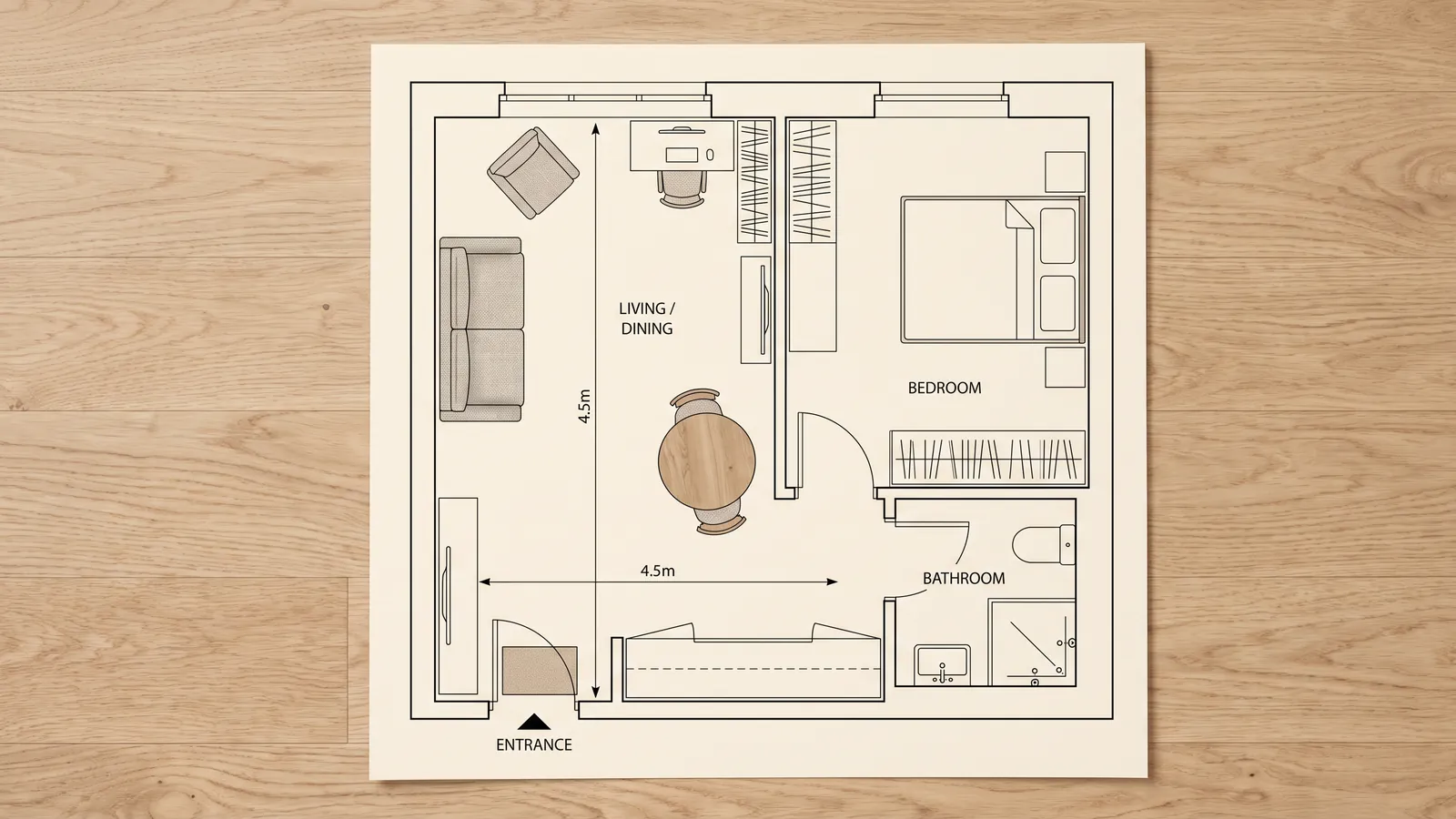 Plan d'un appartement d'une chambre avec zones salon, repas, travail et entrée