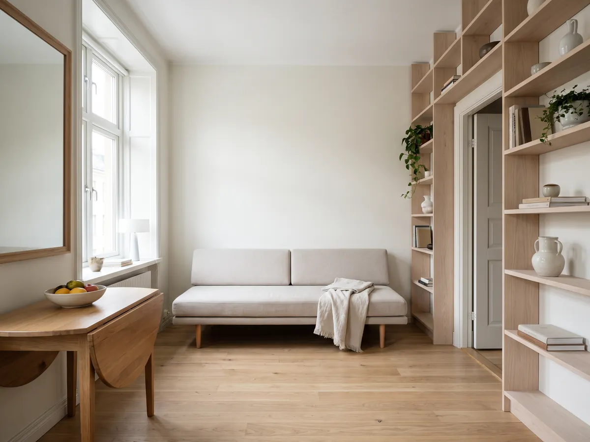 Petit appartement avec des meubles sur pieds, des rangements verticaux et un miroir en face de la fenêtre