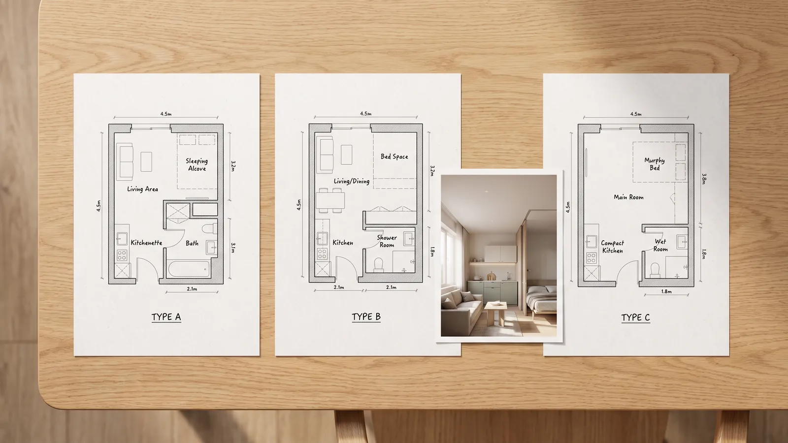 Trois aménagements de studio imprimés avec une impression d'intérieur photoréaliste à côté