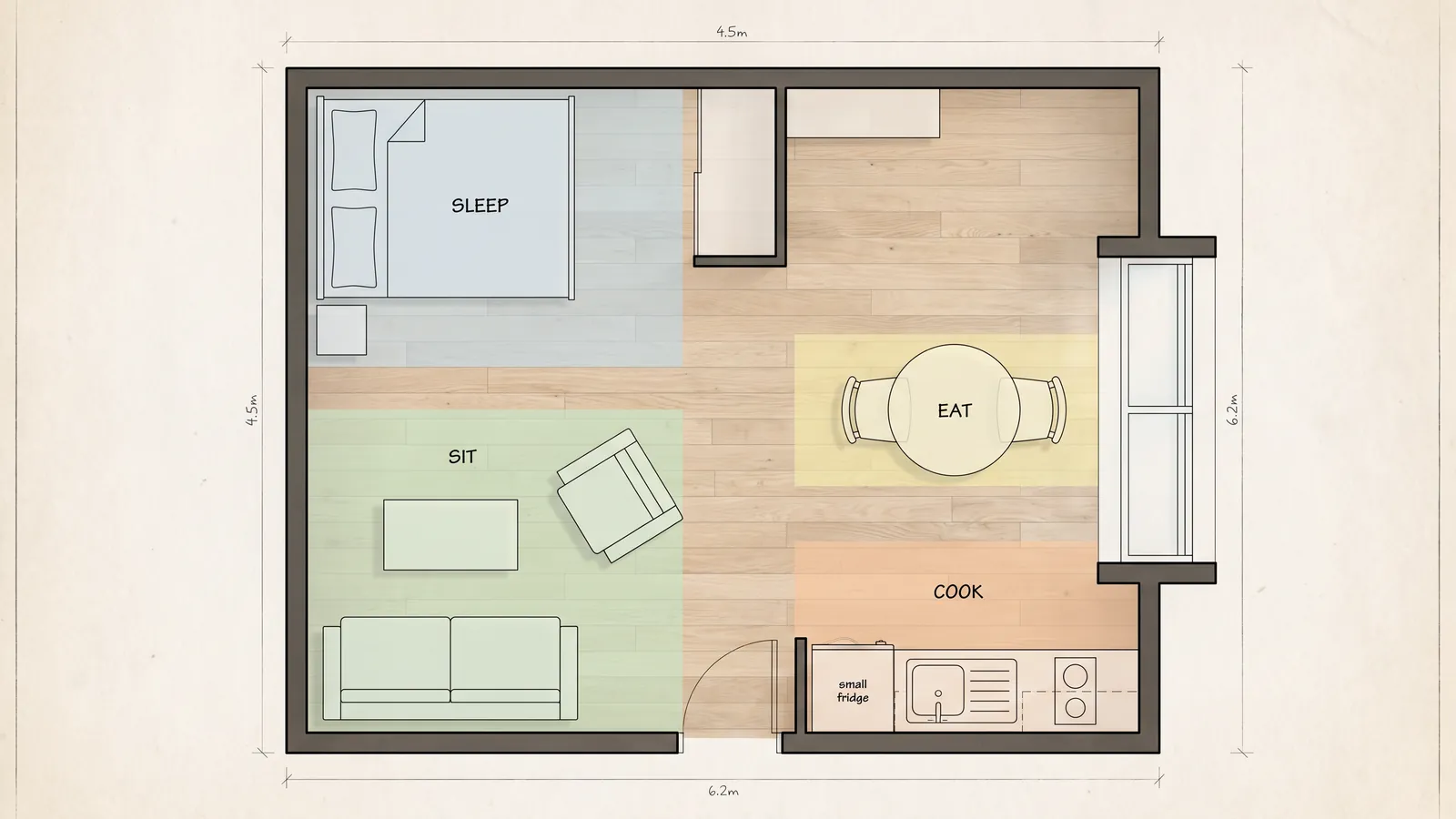 Plan d'un studio divisé en zones pour dormir, s'asseoir, manger et cuisiner