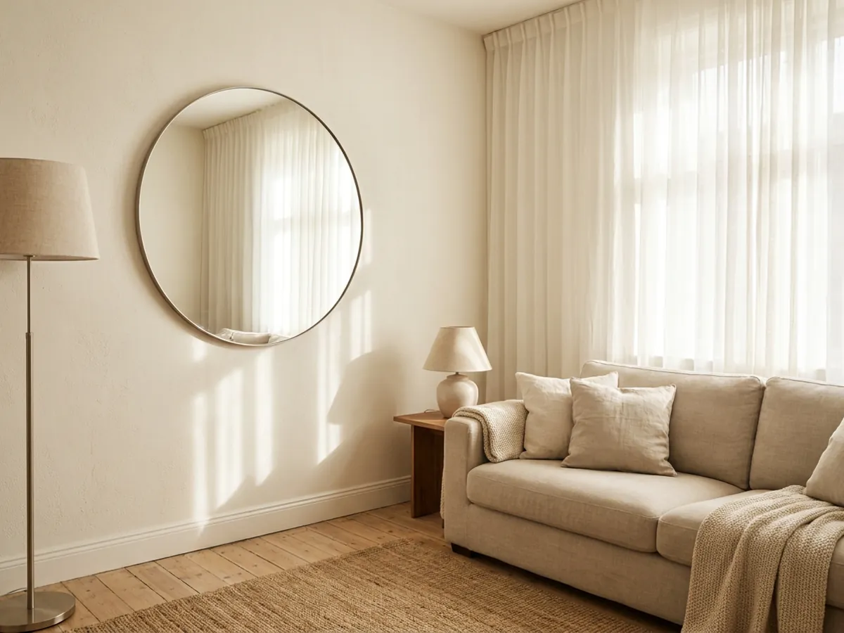 Un petit salon avec un grand miroir et des fenêtres épurées pour maximiser la lumière