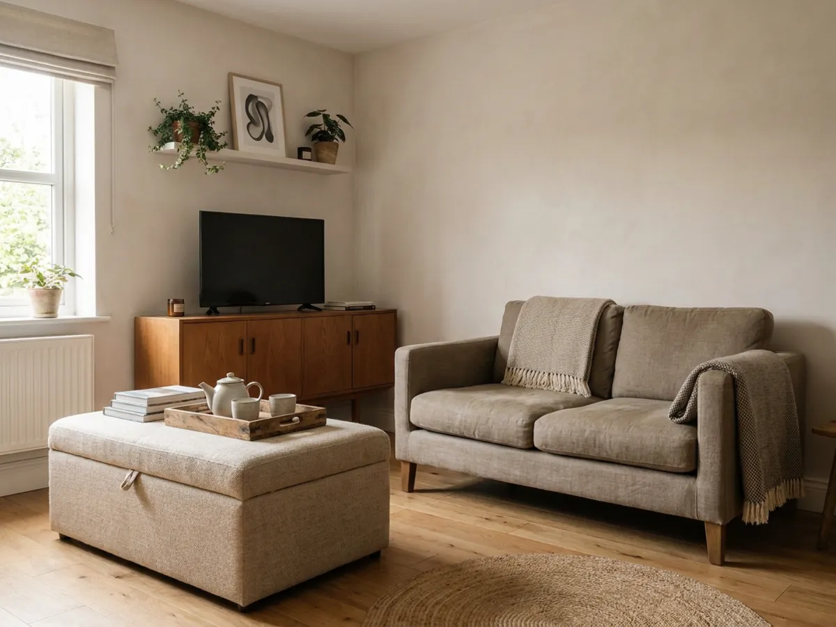 Un petit salon avec des meubles de rangement multifonctions comme un pouf coffre