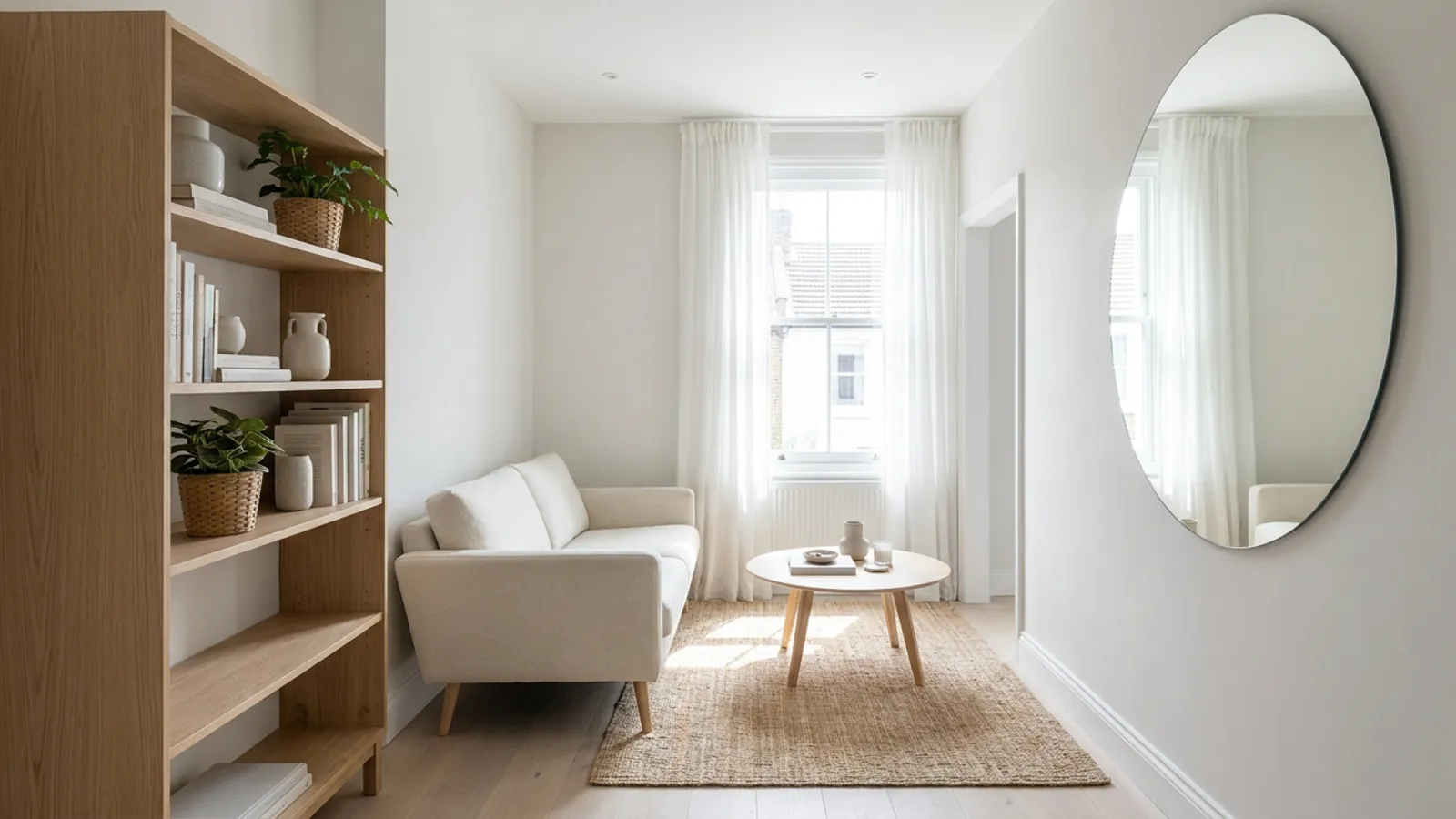 Le même petit salon réaménagé pour paraître plus grand et plus serein