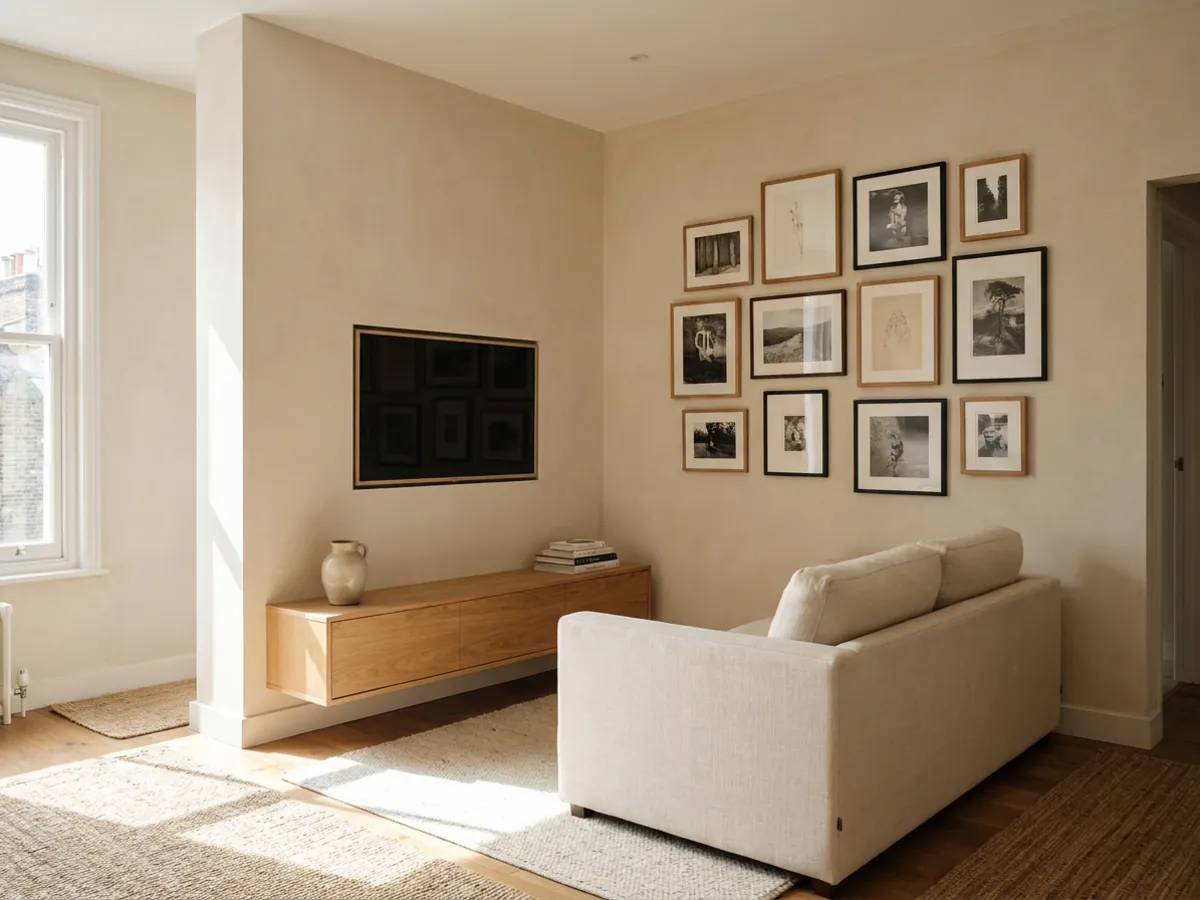 Une télévision fixée au mur dans un petit salon pour libérer le sol et les lignes de vue