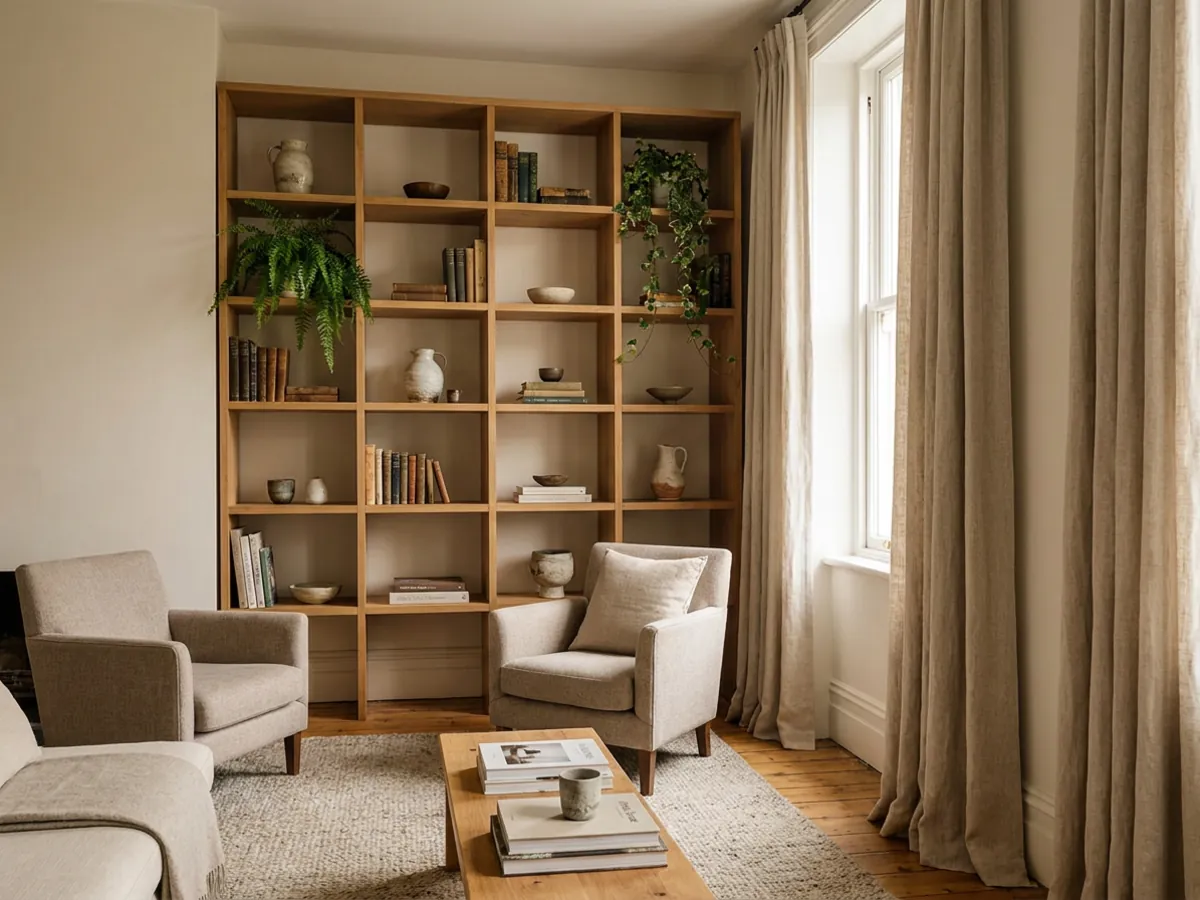Un petit salon utilisant des rangements verticaux sur toute la hauteur pour attirer le regard vers le haut