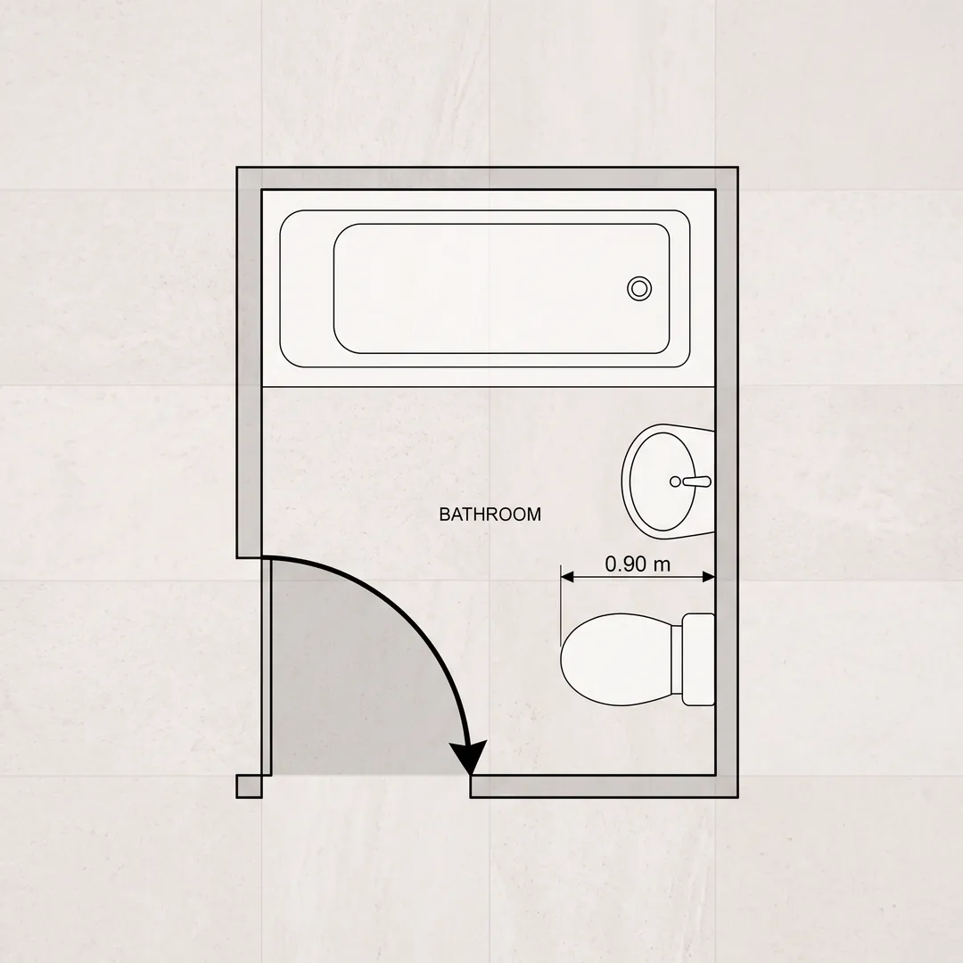 Plan d'une petite salle de bain avec baignoire, toilettes, vasque et le débattement de la porte indiqué