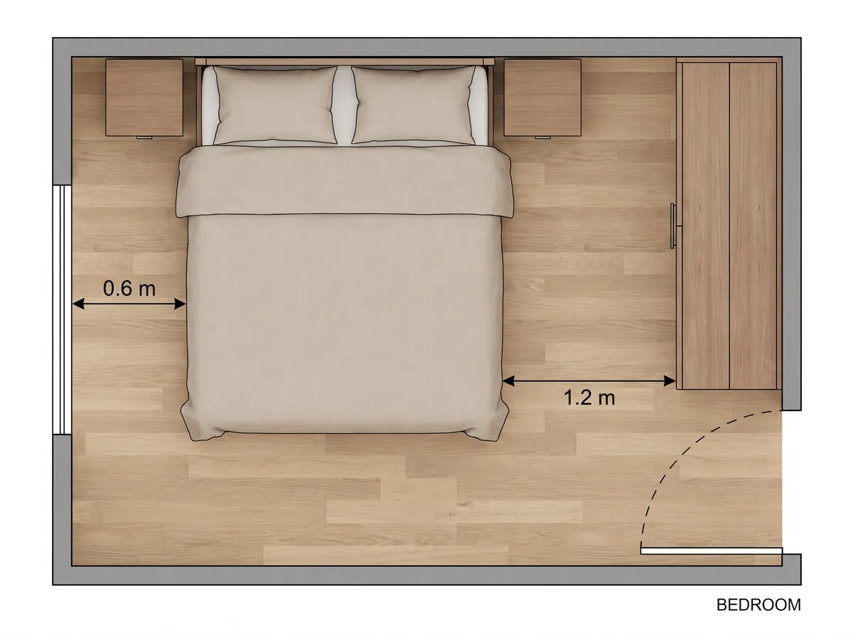 Plan de chambre avec un lit double et une armoire, espaces de dégagement indiqués