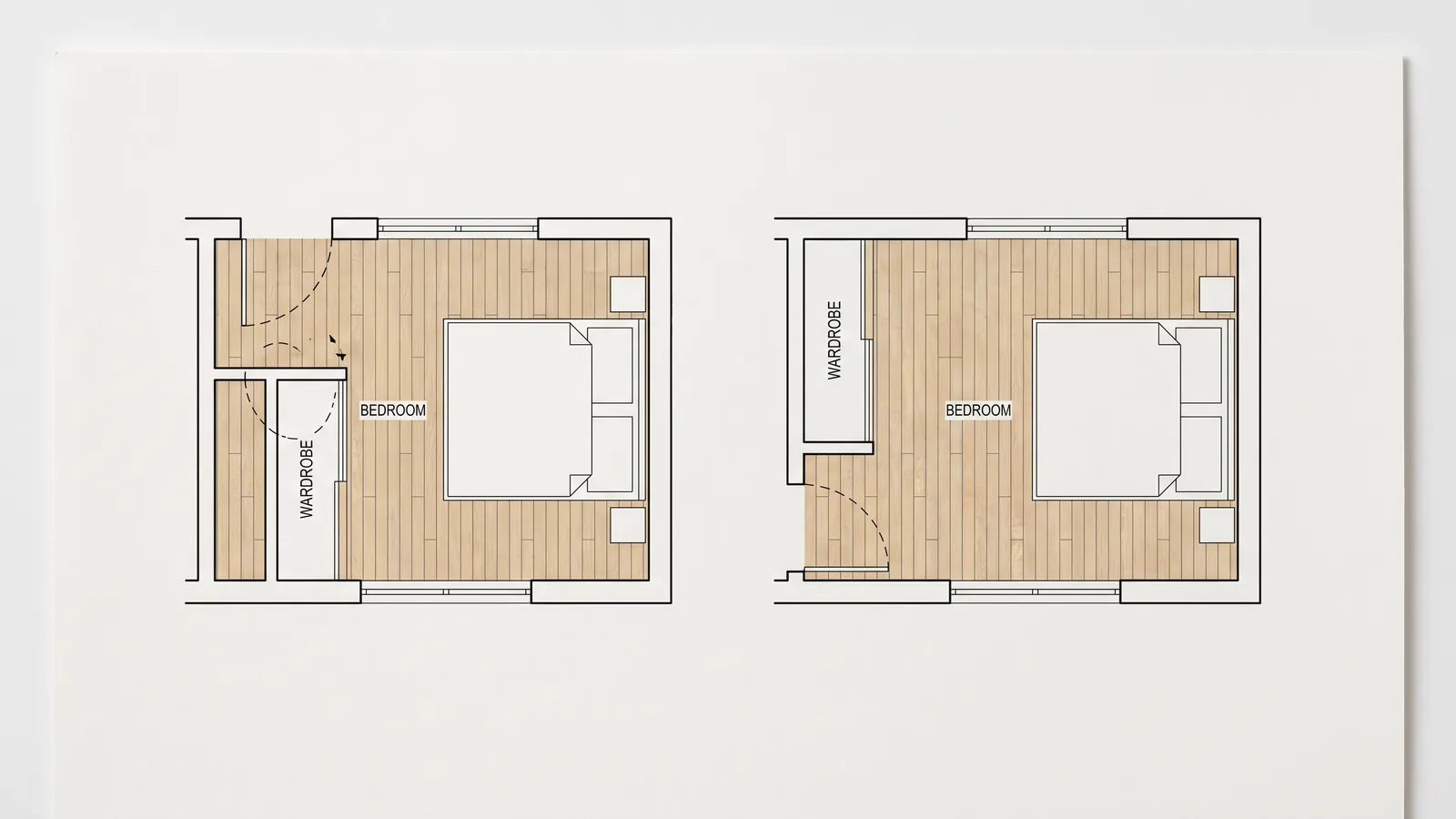 Deux plans de chambre identiques, l'un où le débattement de la porte bloque l'armoire et l'autre non