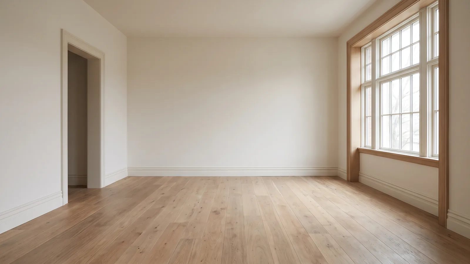 Un salon vide avec des murs blanc chaud et un parquet en chêne