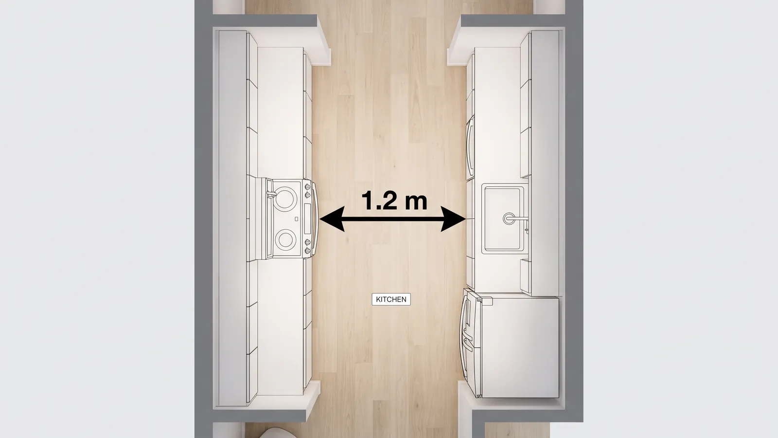 Plan de cuisine en couloir avec l'espace de passage indiqué entre les deux plans de travail