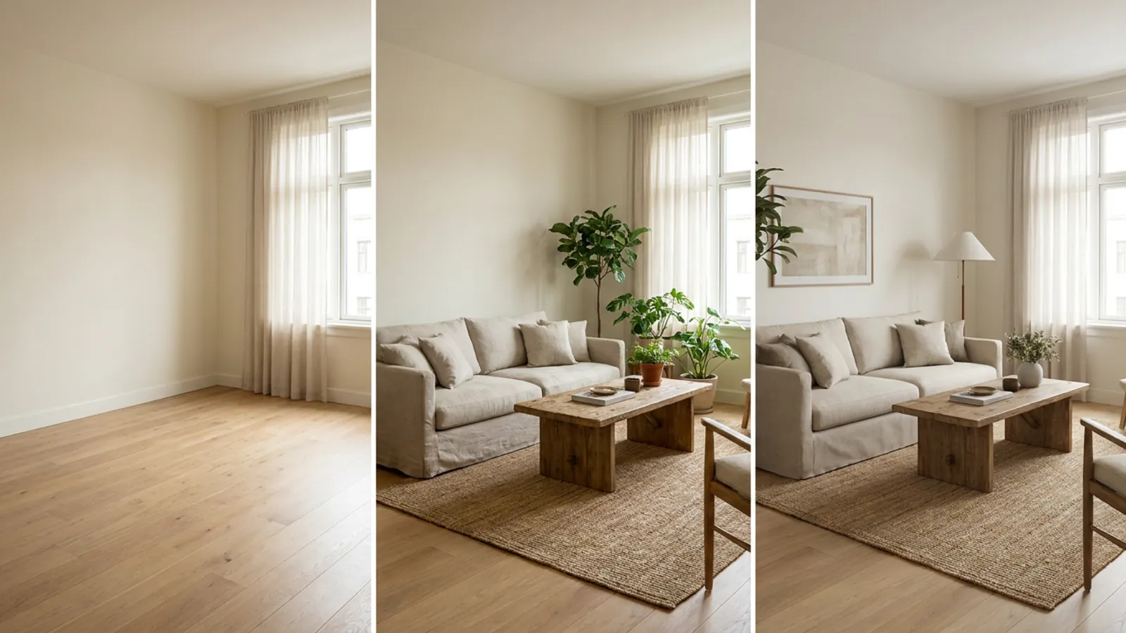 La même pièce présentée en staging physique, en staging virtuel et en staging par IA