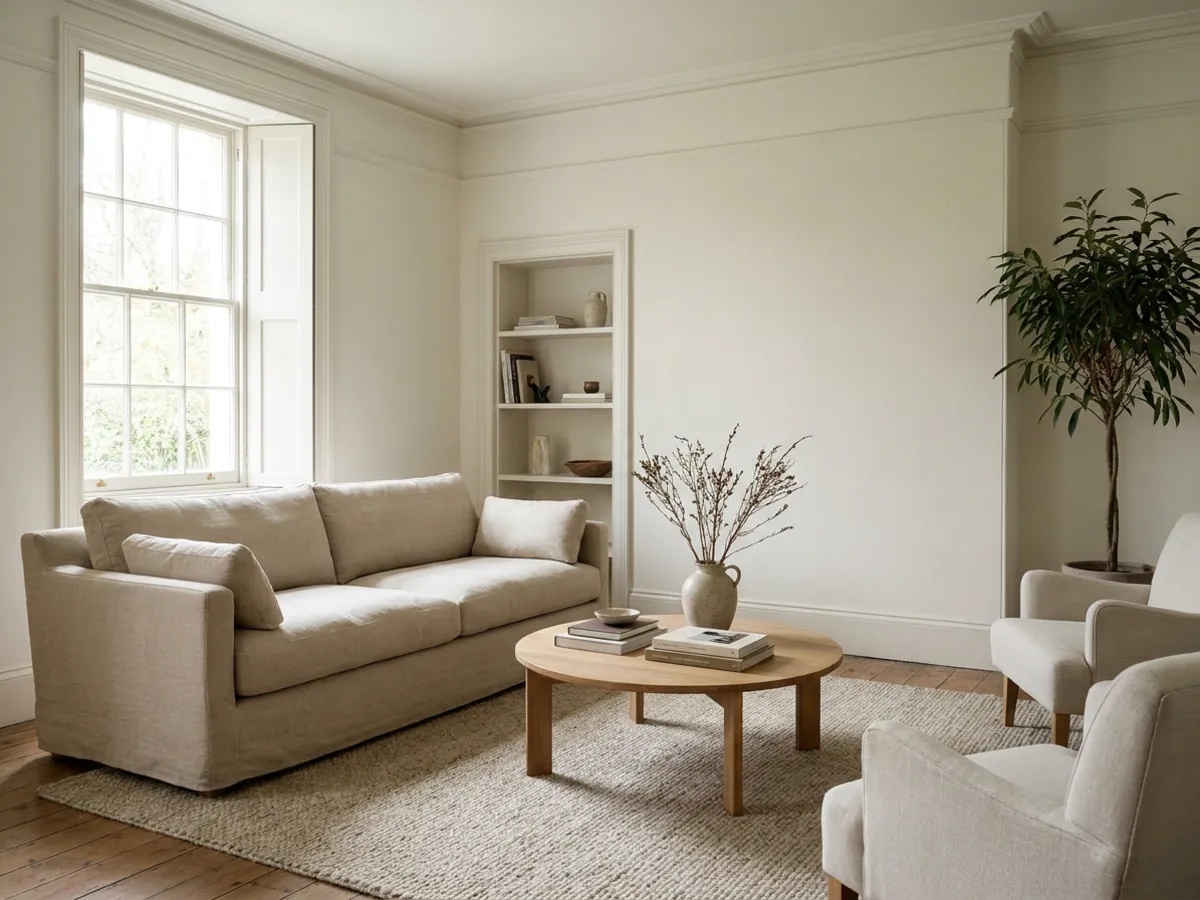 Une photo d'annonce aménagée avec une mention claire, illustrant la transparence dans le home staging virtuel