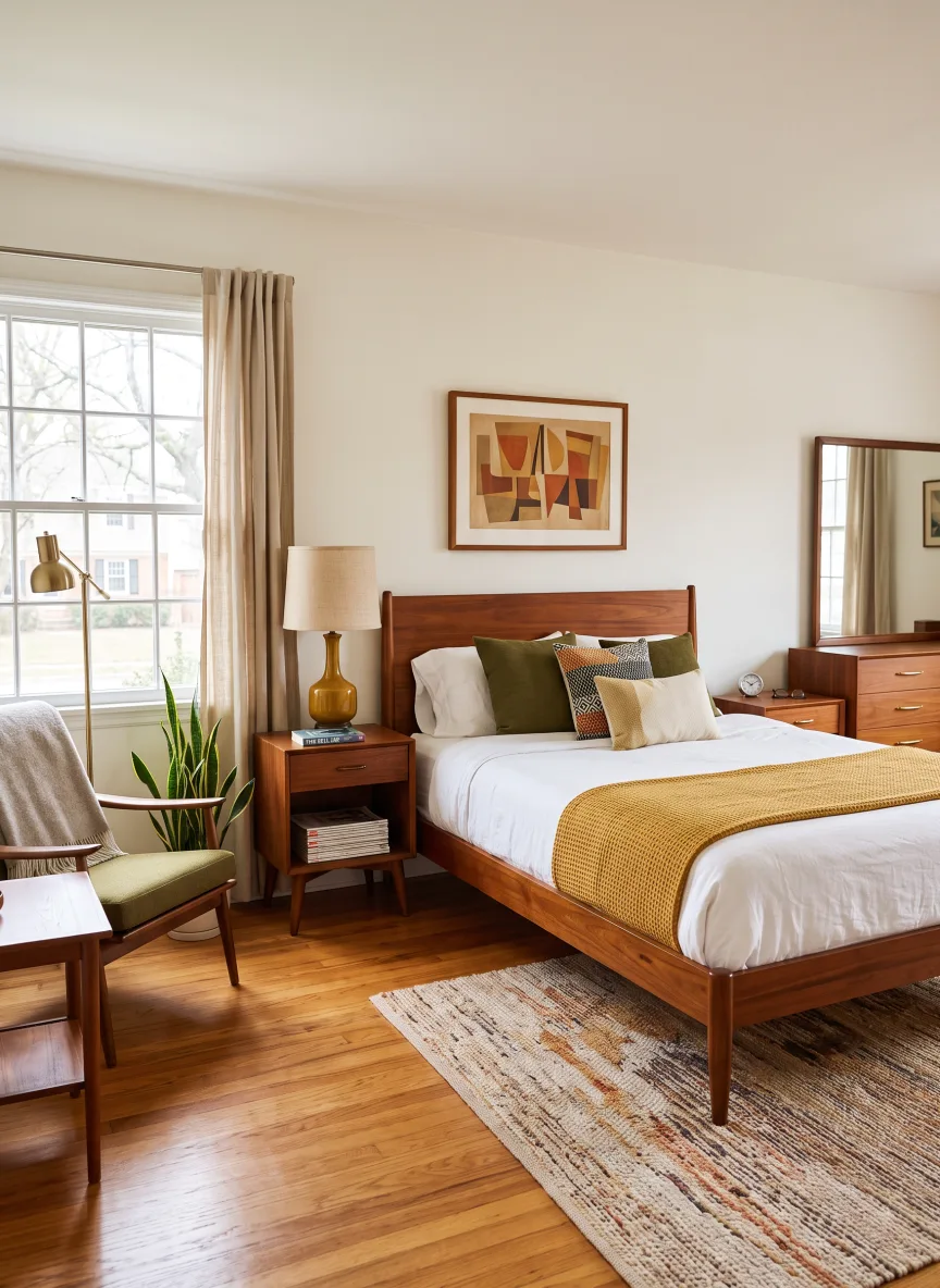 A bedroom designed in Mid-Century Modern