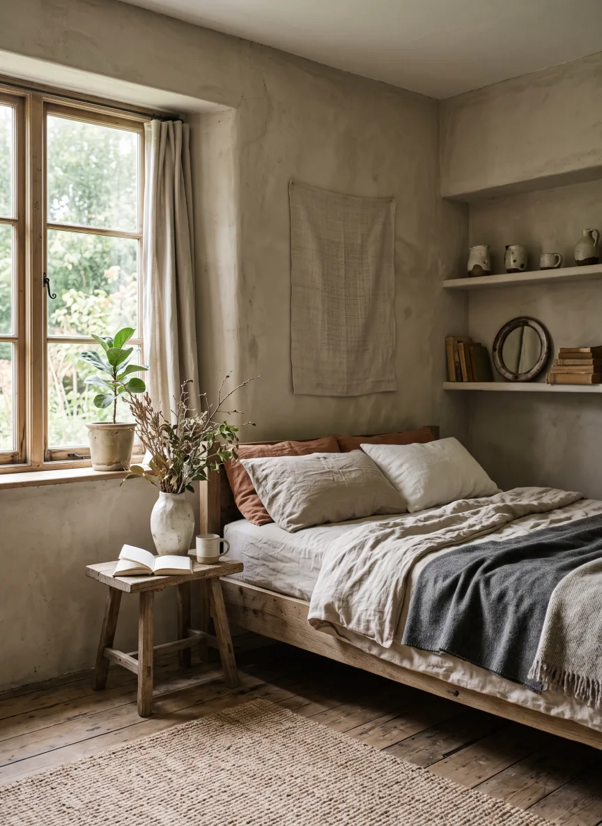 A bedroom designed in Wabi-Sabi
