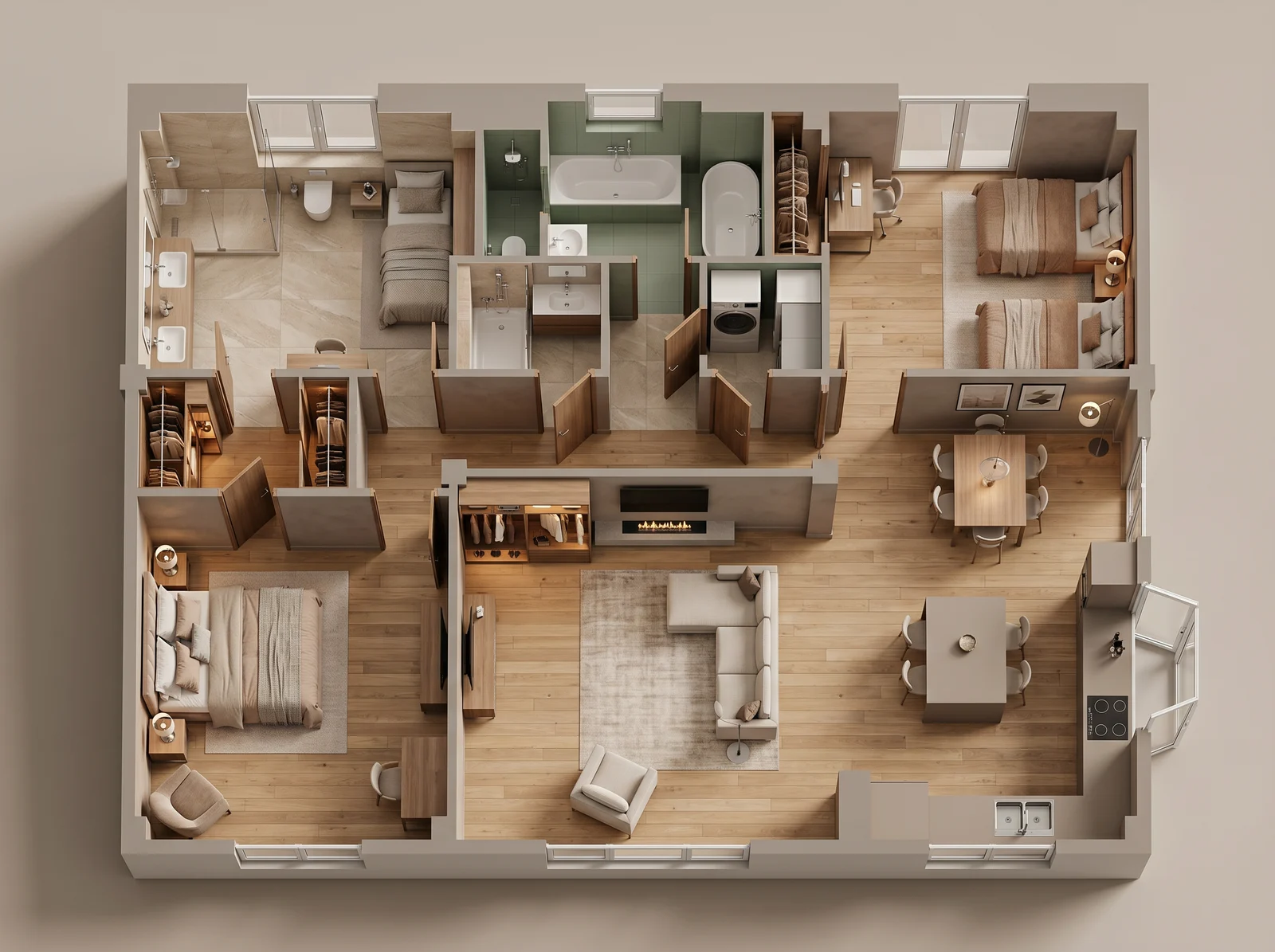 The same plan as a 3D dollhouse