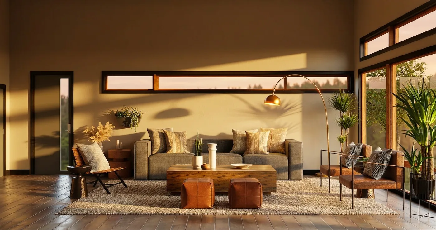 The same room relit to warm golden hour, nothing moved