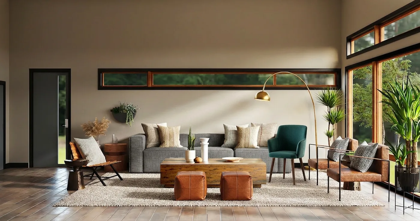 The same room with a green armchair placed in true perspective and light